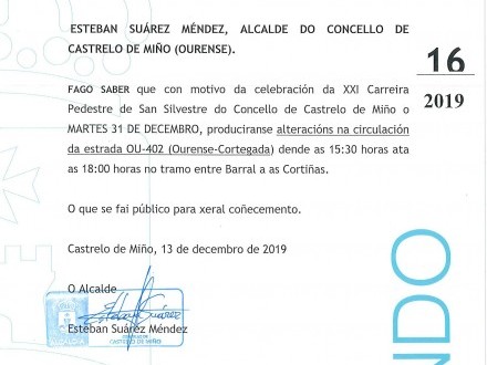 Bando 16/2019: Celebracin de la XXI carrera pedestre de San Silvestre