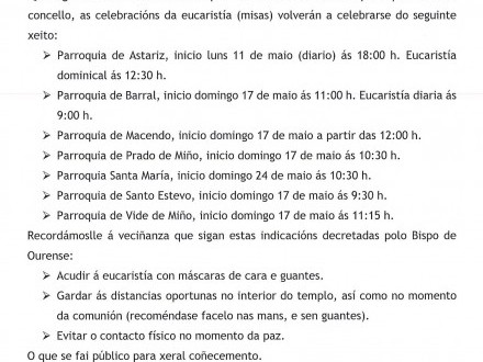 NOTA INFORMATIVA: Se retoman las celebraciones de las misas.